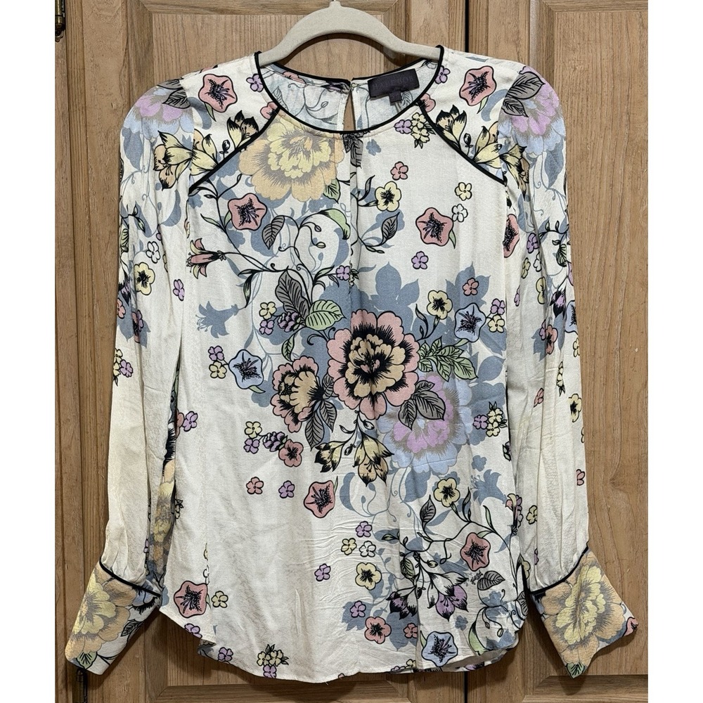 Hale Bob Floral Blouse Top Tunic Women's Size XS White Long Sleeve Boho Office